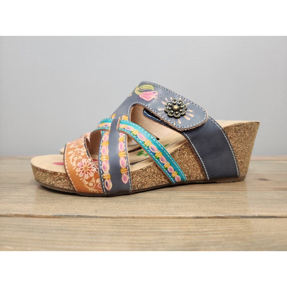 Boho Floral Cork Wedge Sandals Womens Multicolor Leather Strappy Comfort Slip On